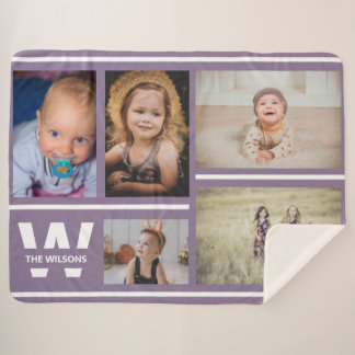 Purple Stripes Multiple Photos Custom Monogram Sherpa Blanket