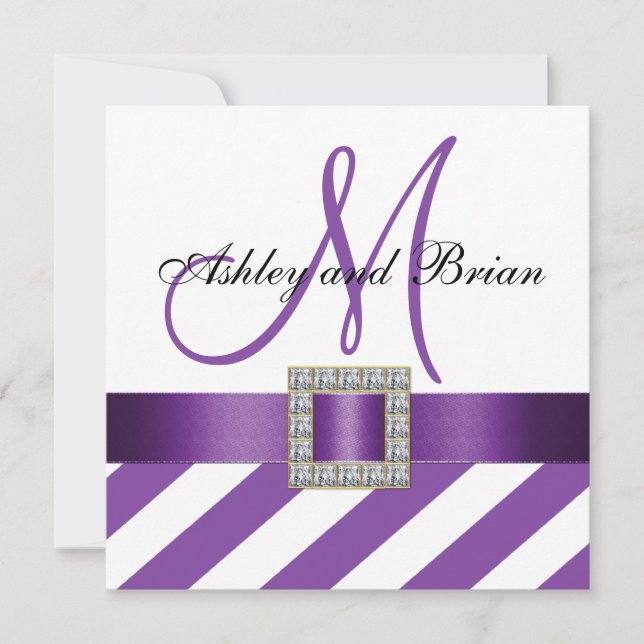 Purple Stripes Ribbon Monogram Wedding Invitation (Front)