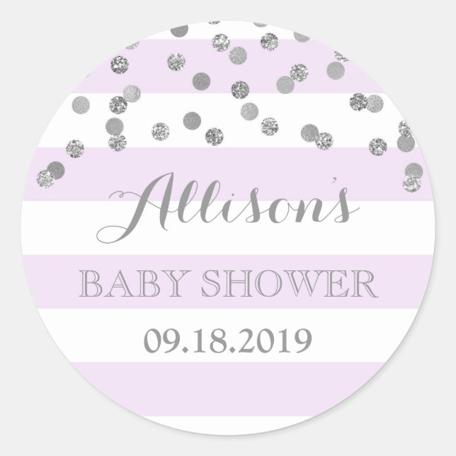 Purple Stripes Silver Confetti Baby Shower Favour Classic Round Sticker (Front)