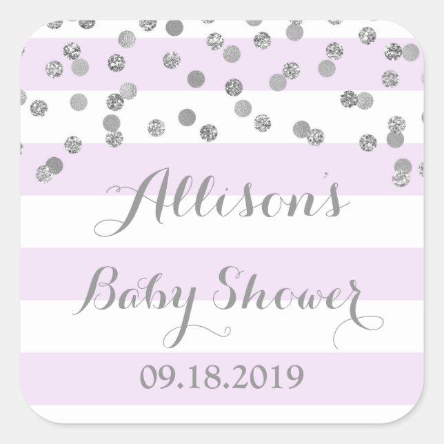 Purple Stripes Silver Confetti Baby Shower Favour Square Sticker (Front)