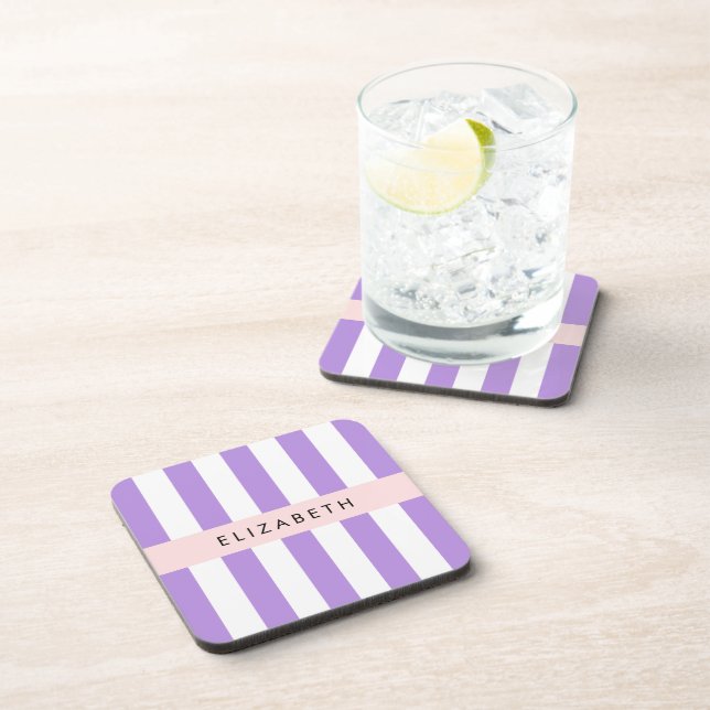 Purple Stripes, Striped Pattern, Lines, Your Name Coaster (Right Side)