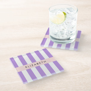 Purple Stripes, Striped Pattern, Lines, Your Name Glass Coaster