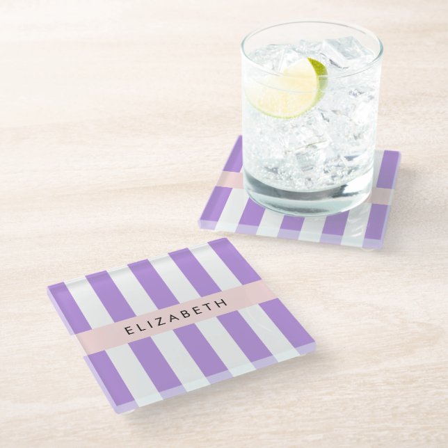 Purple Stripes, Striped Pattern, Lines, Your Name Glass Coaster (Angled)