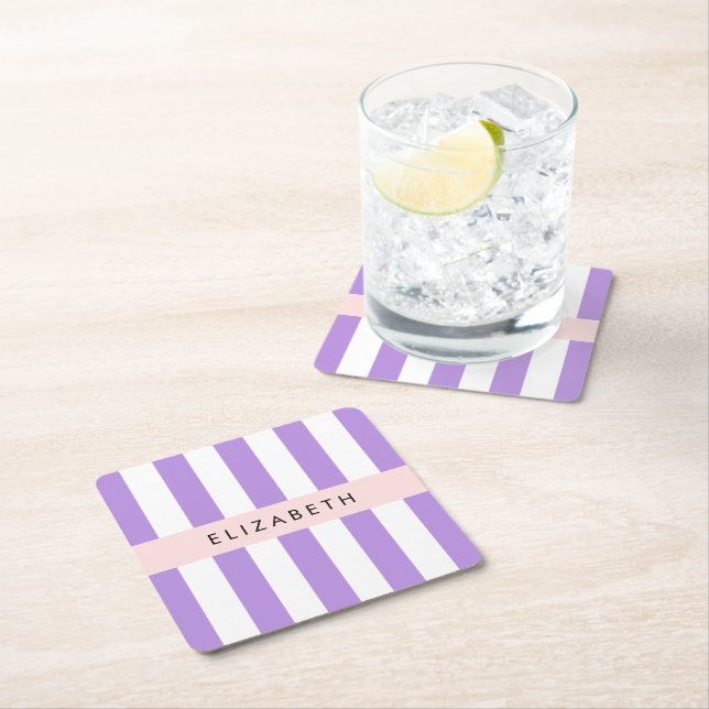 Purple Stripes, Striped Pattern, Lines, Your Name Square Paper Coaster (Insitu)