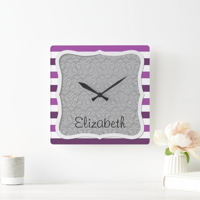 Purple Stripes, Striped Pattern, Lines, Your Name Square Wall Clock (Home)