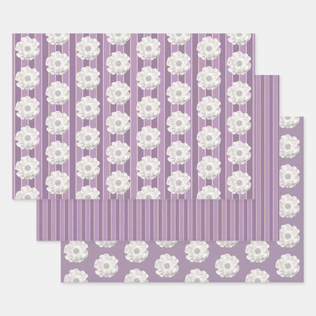Purple Stripes White Pearls Flower   Wrapping Paper Sheet (Set)
