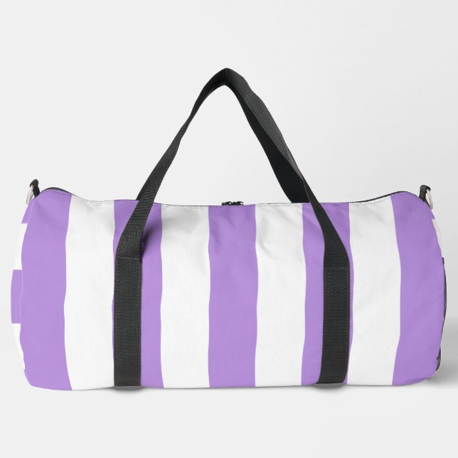Purple Stripes, White Stripes, Striped Pattern Duffle Bag (Front)
