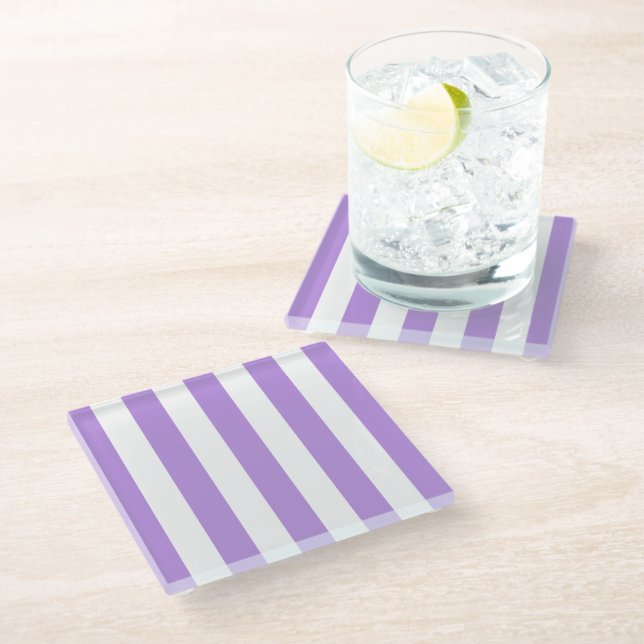Purple Stripes, White Stripes, Striped Pattern Glass Coaster (Angled)