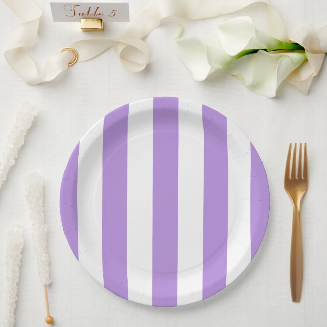 Purple Stripes, White Stripes, Striped Pattern Paper Plate (Wedding)