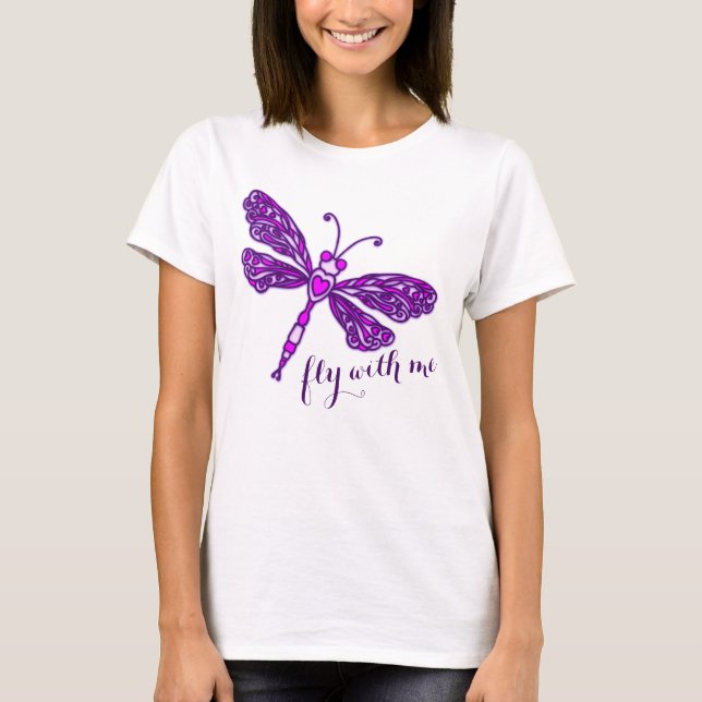 Purple stylized dragonfly fly with me t-shirt (Front)