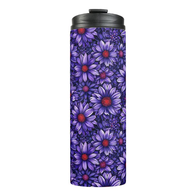 Purple stylized flowers pattern thermal tumbler (Front)