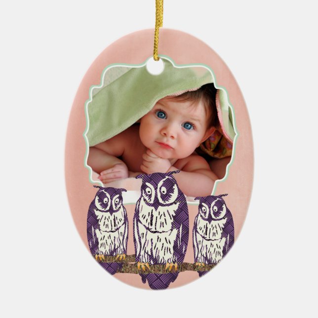Purple Stylized Geometric Owl Family Ceramic Ornament (Front)