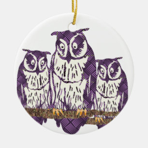 Purple Stylized Geometric Owl Family Ceramic Ornament