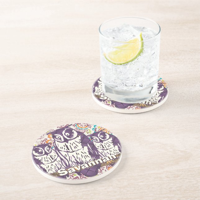 Purple Stylized Geometric Owl Family Coaster (Side)