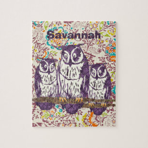 Purple Stylized Geometric Owl Family Jigsaw Puzzle