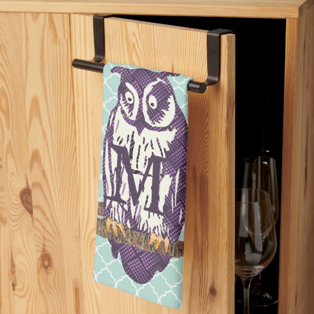 Purple Stylized Geometric Owl Family Kitchen Towel (Thirds Fold)