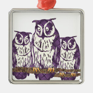 Purple Stylized Geometric Owl Family Metal Ornament