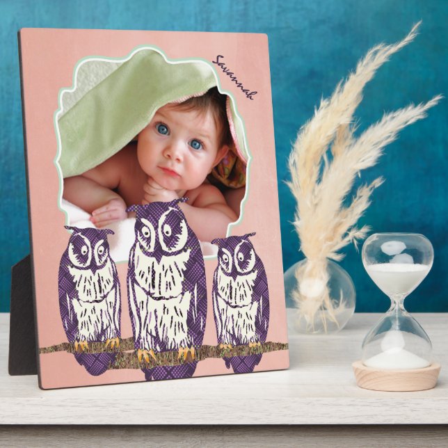 Purple Stylized Geometric Owl Family Plaque (Side)