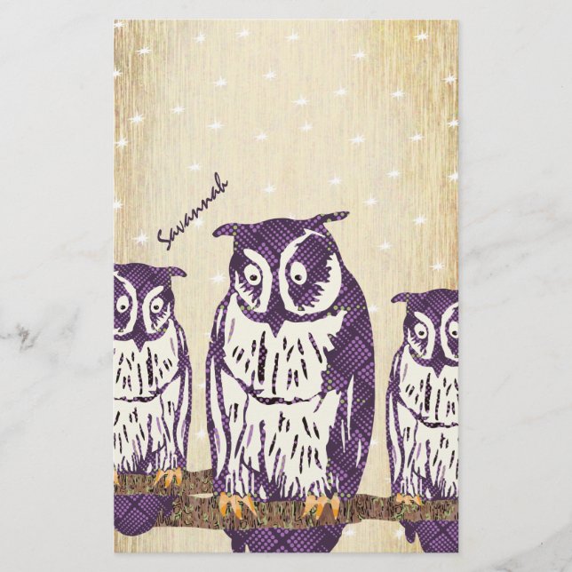 Purple Stylized Geometric Owl Family Stationery (Front)