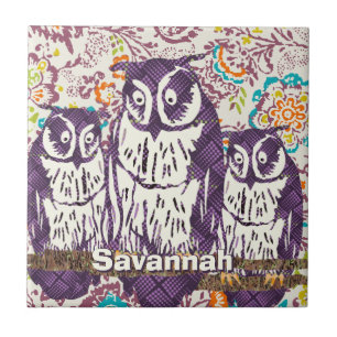 Purple Stylized Geometric Owl Family Tile