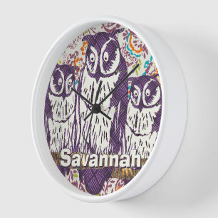 Purple Stylized Geometric Owl Family Wall Clock