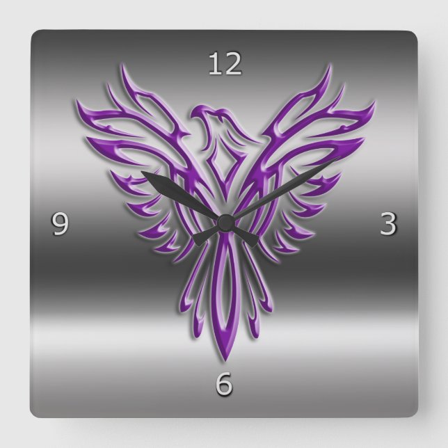 Purple stylized Phoenix Rising on metallic-look Square Wall Clock (Front)