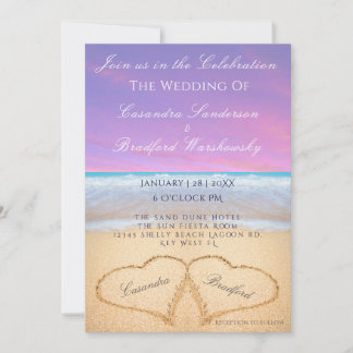 Purple Subset Beach Wedding 2 Hearts Sand Invitation