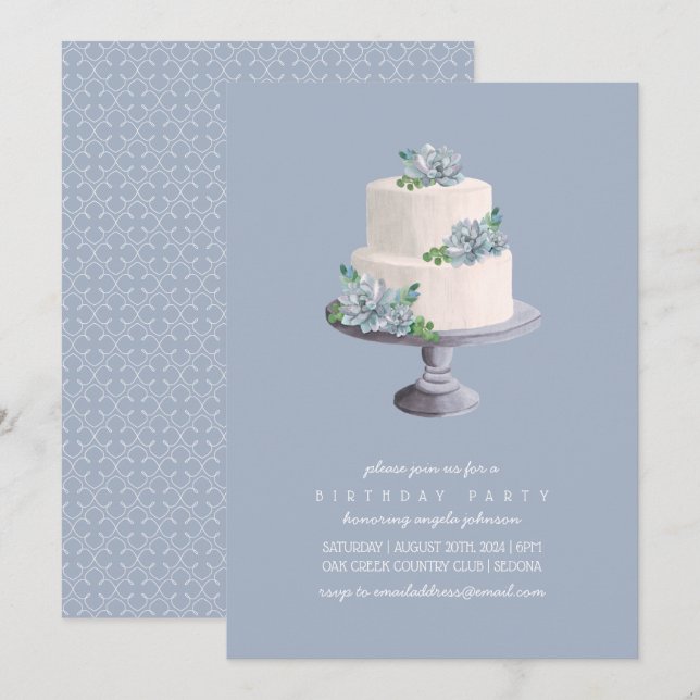 Purple Succulent Birthday Cake 2 Invitation (Front/Back)