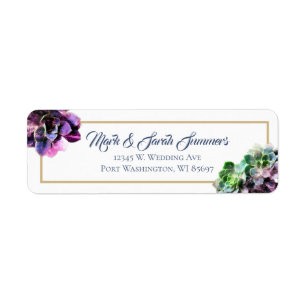 Purple Succulents with Blue Text Tan Line Wedding
