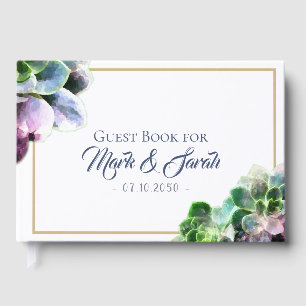 Purple Succulents with Blue Text Tan Line Wedding Guest Book