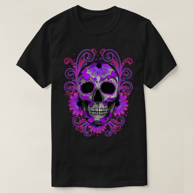Purple Sugar Skull Day Of The Dead Sugar Skull  T-Shirt (Design Front)