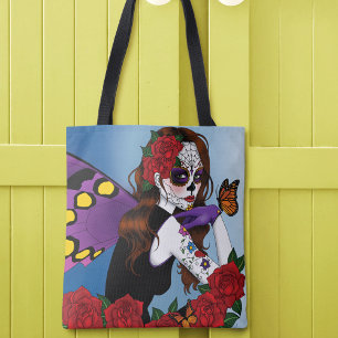 Purple Sugar Skull Fairy Red Roses Monarchs Gothic Tote Bag