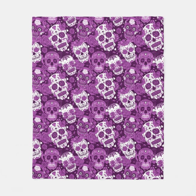 Purple sugar skull floral ornamental pattern fleece blanket (Front)