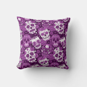 Purple sugar skull floral ornamental pattern throw pillow