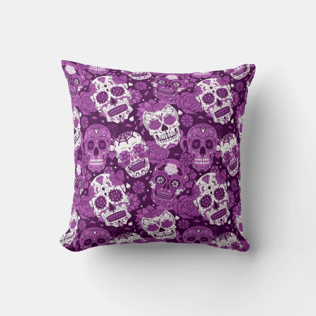 Purple sugar skull floral ornamental pattern throw pillow (Front)