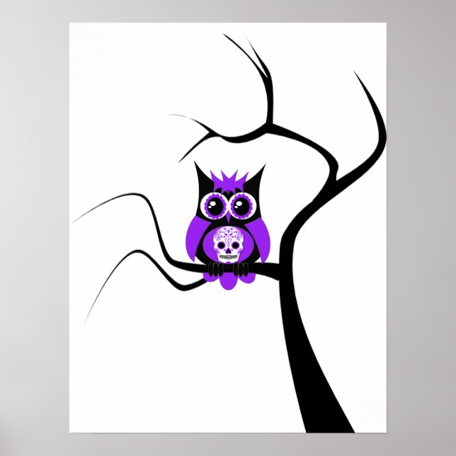 Purple Sugar Skull Owl in Tree Poster (Front)