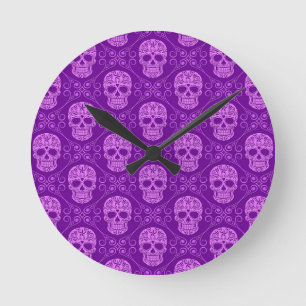 Purple Sugar Skull Pattern Round Clock