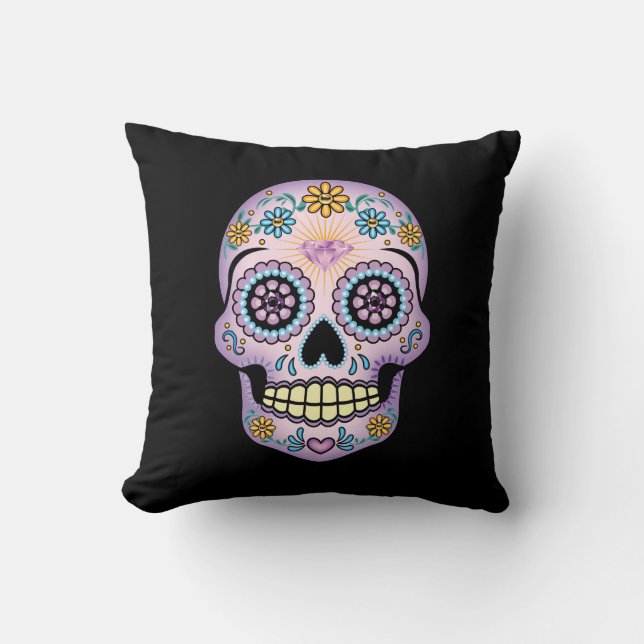 Purple Sugar Skull Throw Pillow (Front)