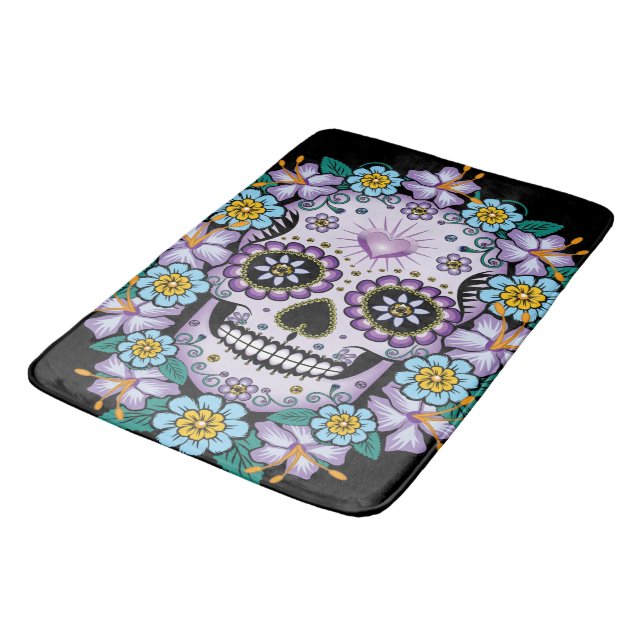 Purple Sugar Skull with Flowers Bath Mat (Angled)