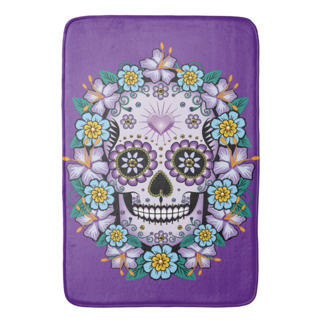 Purple Sugar Skull with Flowers Bath Mat (Front Vertical)