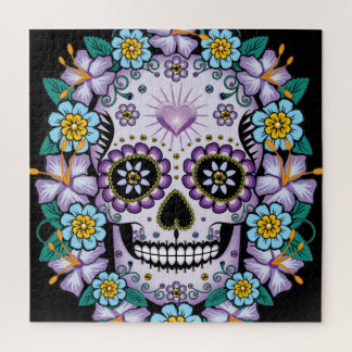 Purple Sugar Skull with Flowers Jigsaw Puzzle