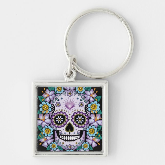 Purple Sugar Skull with Flowers Keychain (Front)