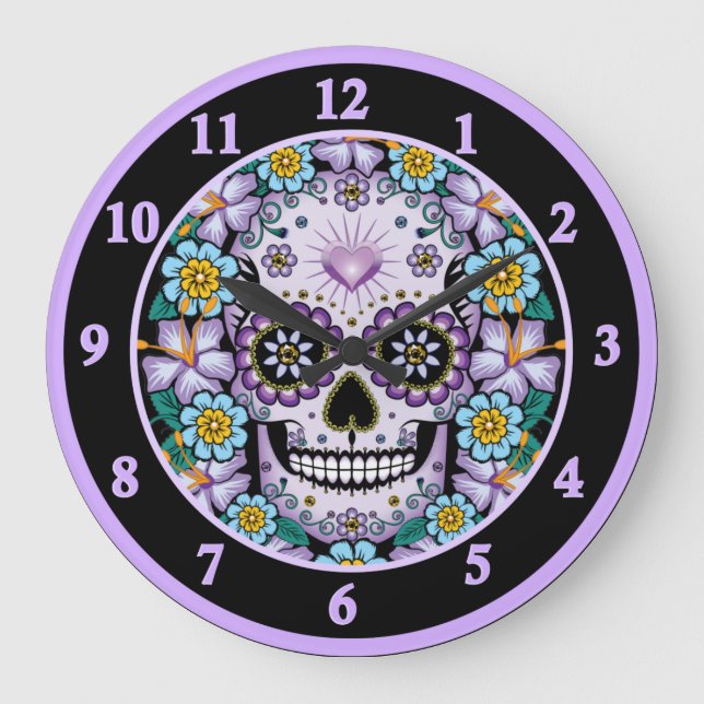 Purple Sugar Skull with Flowers Large Clock (Front)