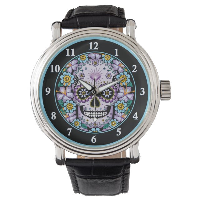 Purple Sugar Skull with Flowers Watch (Front)
