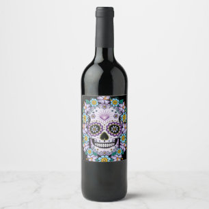 Purple Sugar Skull with Flowers Wine Label