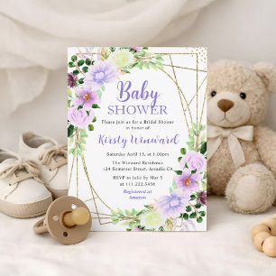 Purple Summer Flowers and Gold Frame Baby Shower Invitation