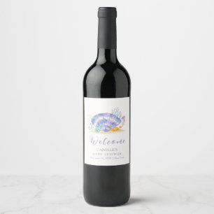 Purple Summer Sea Pearl Girl Baby Shower Welcome  Wine Label