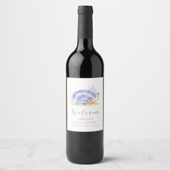 Purple Summer Sea Pearl Girl Baby Shower Welcome  Wine Label (Front)