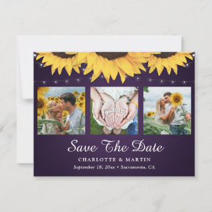 Purple Sunflower 3 Photo Save The Date Cards