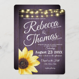 Purple Sunflower and Lights Rustic Wedding Invitation